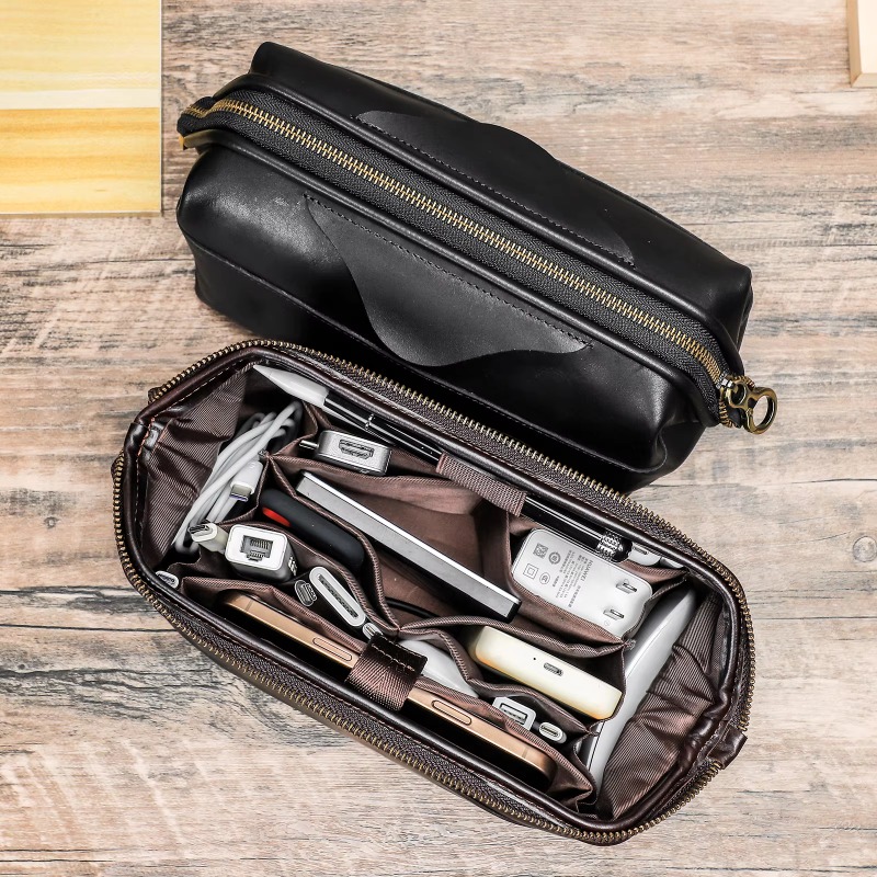 Tech Accessories Organizer Pouch - Coffee Black High-Tech Genuine Leather Vintage